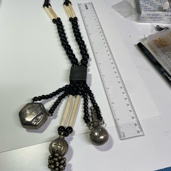 Tribal Black Bone and Silver Beaded Necklace - Picture 3 of 5